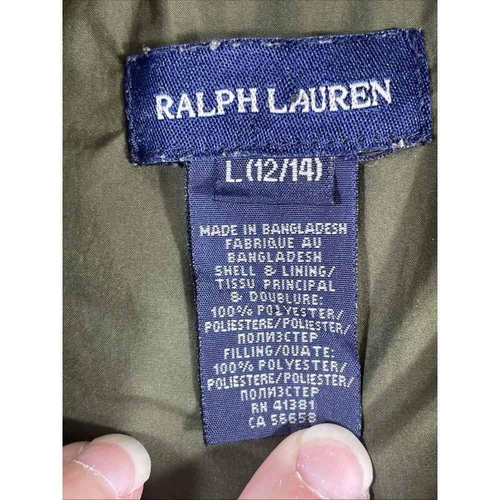 Ralph Lauren Jacket Boys Size Large (12/14) Green Double Breasted Puffer Pockets